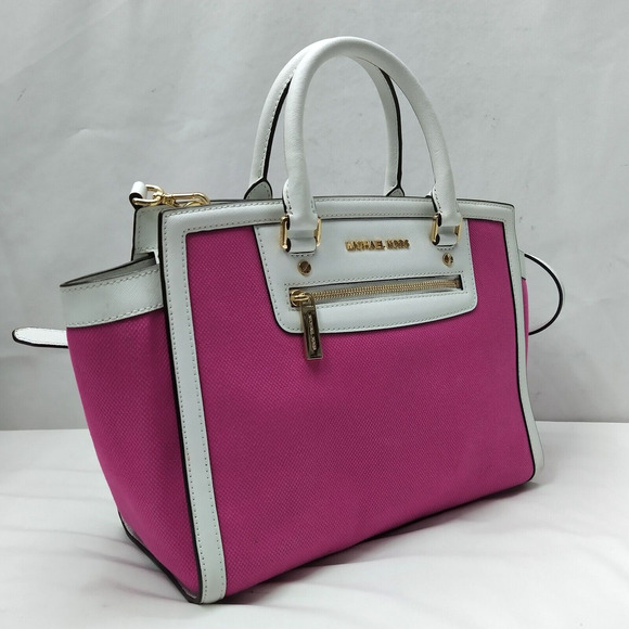 Michael Kors Selma Fuschia Pink Canvas Leather Trim Zipper Satchel Shoulder Bag - Picture 3 of 16